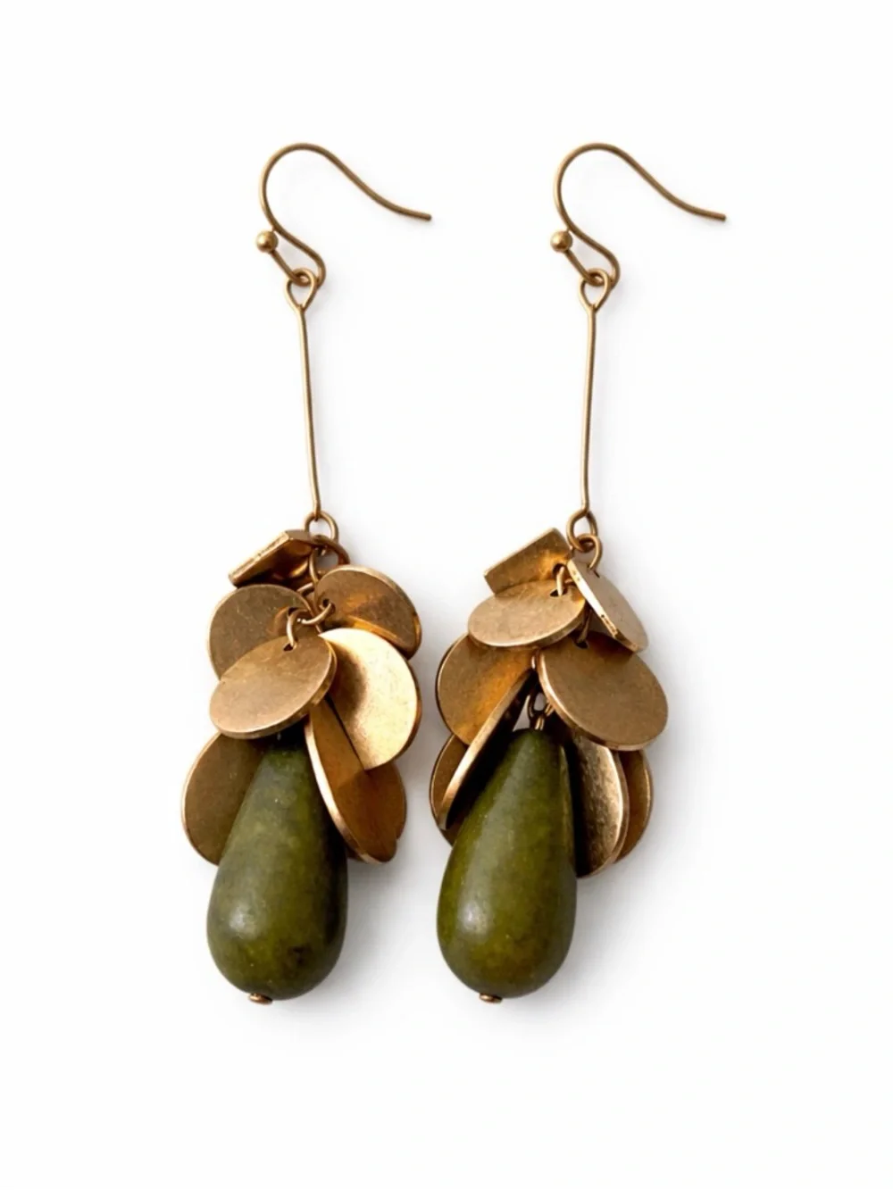 Boho Gold Tone Disc & Olive Stone Dangle Earrings Statement Drop Earrings - Picture 6 of 6